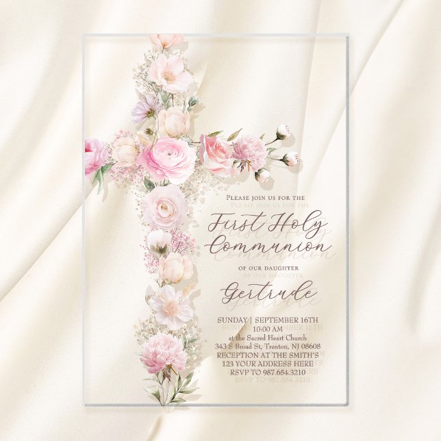 pink flowers cross First Holy Communion Acrylic Invitations (Creator Uploaded)