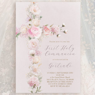 pink flowers cross First Holy Communion Invitation