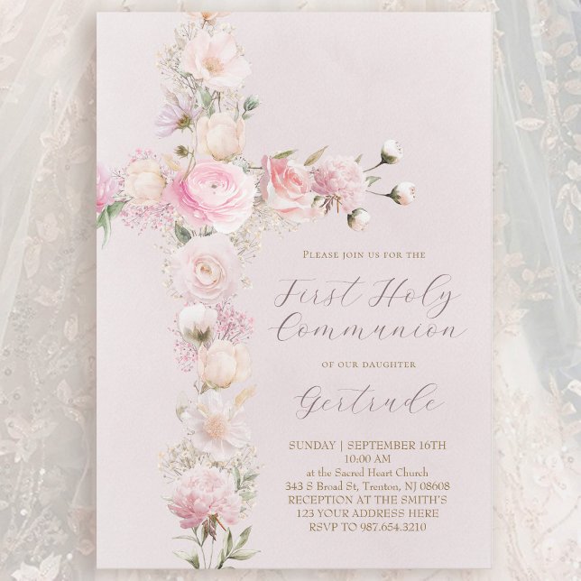 pink flowers cross First Holy Communion Invitation (Creator Uploaded)