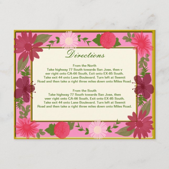 Pink Flowers Custom Direction Cards (Front)