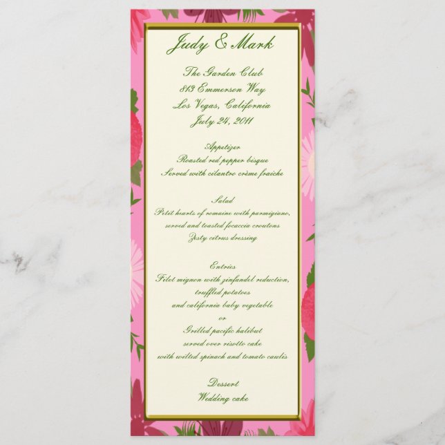 Pink Flowers Custom Menu Card (Front)