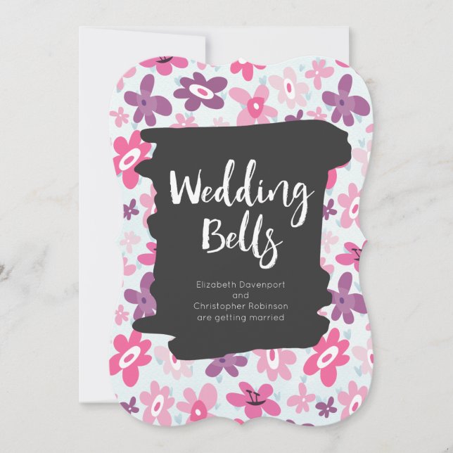 Pink Flowers Cute and Whimsical Retro Wedding Invitation (Front)