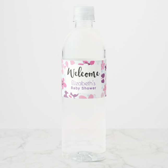 Pink Flowers Cute Whimsical Baby Shower Water Bottle Label (Front)