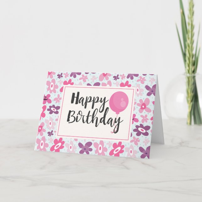 Pink Flowers Cute Whimsical Pattern Birthday Card (Front)