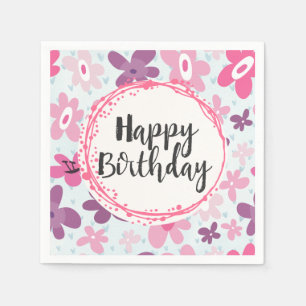 Pink Flowers Cute Whimsical Pattern Birthday Napkin
