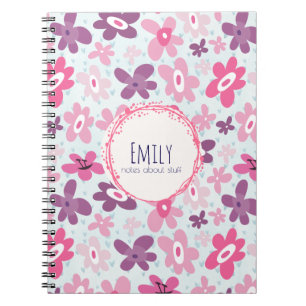 Pink Flowers Cute Whimsical Pattern Personalised Spiral Notebook