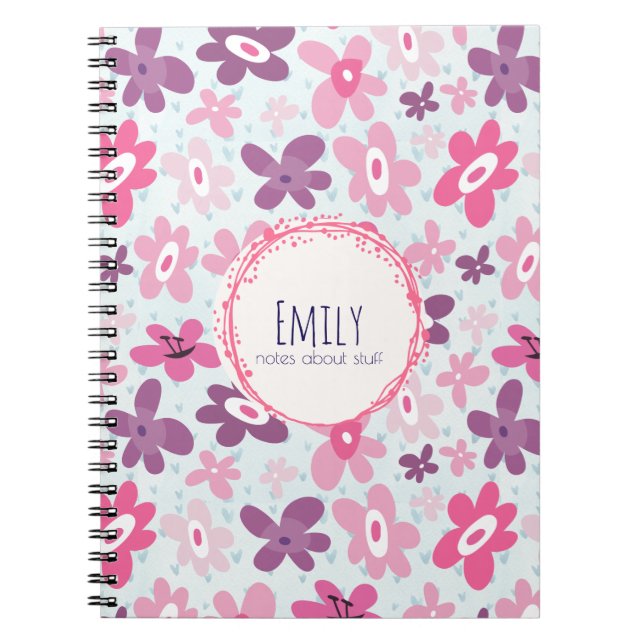 Pink Flowers Cute Whimsical Pattern Personalised Spiral Notebook (Front)