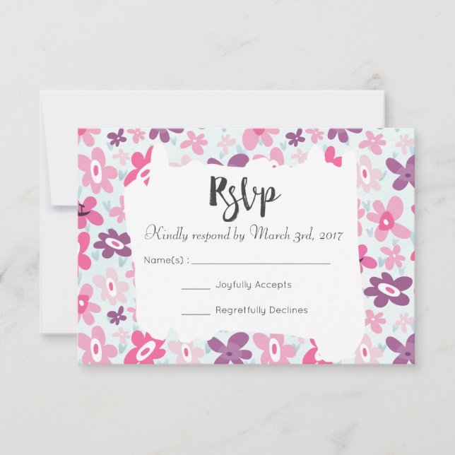 Pink Flowers Cute Whimsical Wedding RSVP Card (Front)
