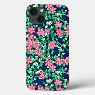 Pink flowers, dark blue background iPhone 13 case