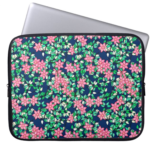 Pink flowers, dark blue background laptop sleeve (Front)