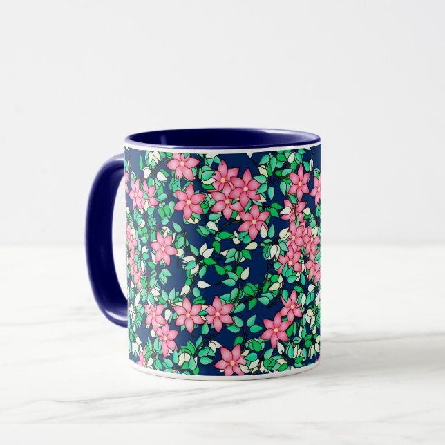 Pink flowers, dark blue background mug (Front Left)