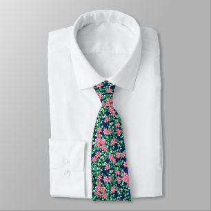 Pink flowers, dark blue background tie