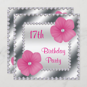 Pink Flowers & Diamonds 17th Birthday Invitation