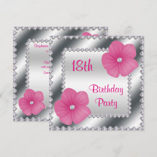 Pink Flowers & Diamonds 18th Birthday Invitation