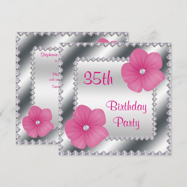Pink Flowers & Diamonds 35th Birthday Invitation (Front/Back)