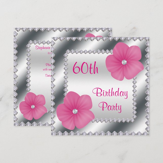 Pink Flowers & Diamonds 60th Birthday Invitation (Front/Back)