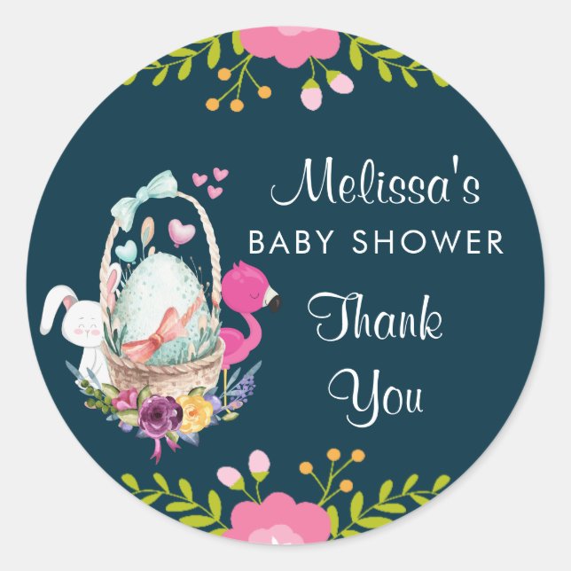 Pink Flowers, Egg, Flamingo & Bunny Watercolor Classic Round Sticker (Front)