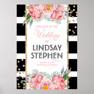 Pink Flowers Elegant Black Stripes Wedding Welcome Poster