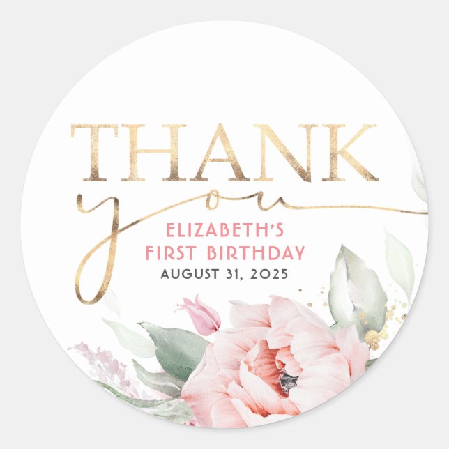 Pink Flowers Elegant Greenery and Gold Thank You Classic Round Sticker (Front)