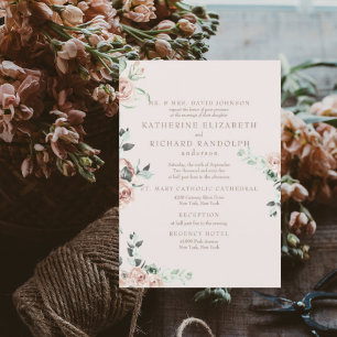 Pink Flowers Eucalyptus 2 Venue Blush Wedding Invitation