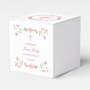 Pink Flowers First Communion Cube Favour Box