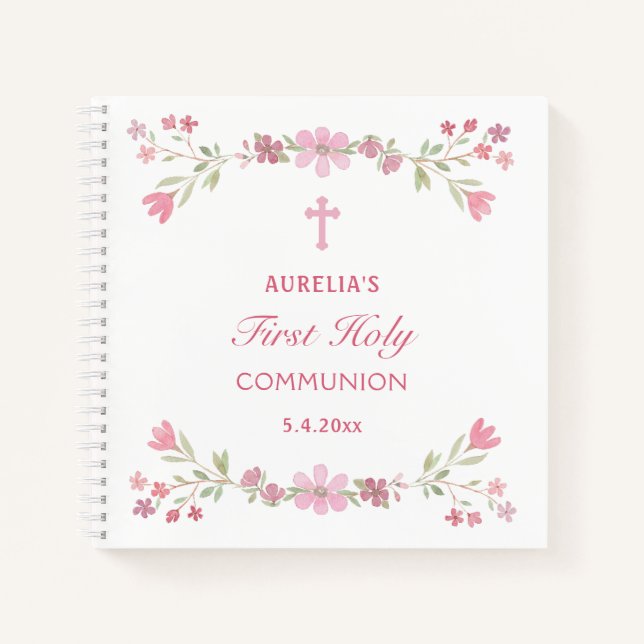Pink Flowers First Communion Guest Book (Front)