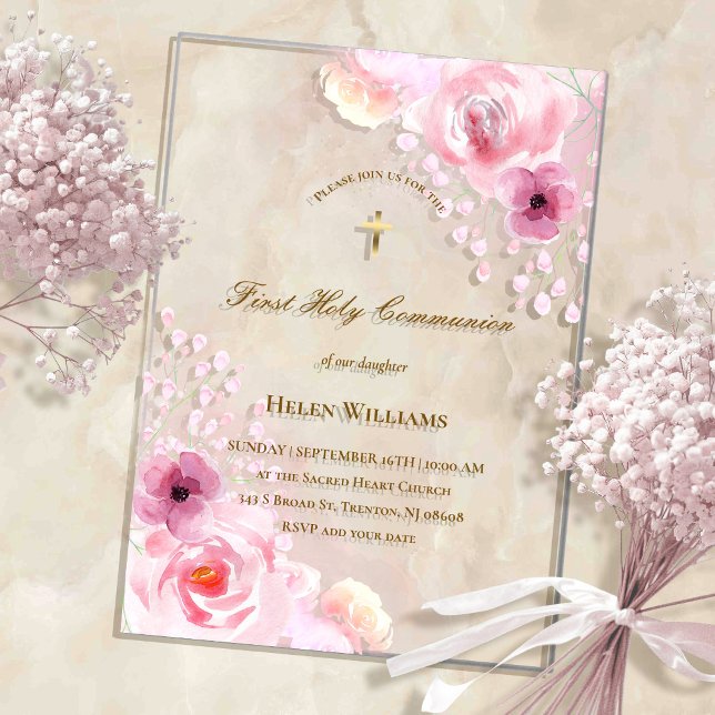 pink flowers First Holy Communion Acrylic Invitations (Creator Uploaded)