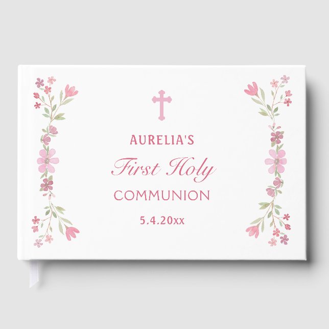 Pink Flowers First Holy Communion Guest Book (Front)