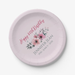 Pink Flowers Floral 80th Birthday Paper Plates