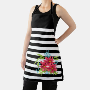pink flowers floral black white striped apron