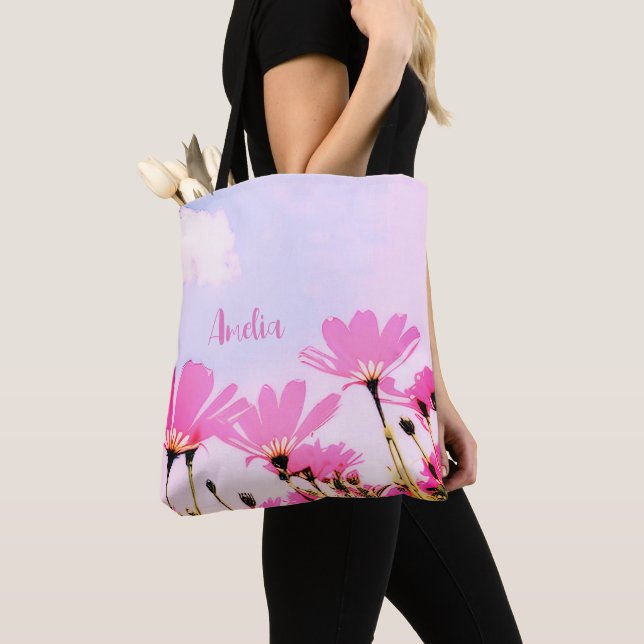 Pink Flowers Floral Mum Name Mother's Day Tote Bag (Close Up)