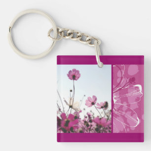 Pink flowers floral nature designer beautiful key ring