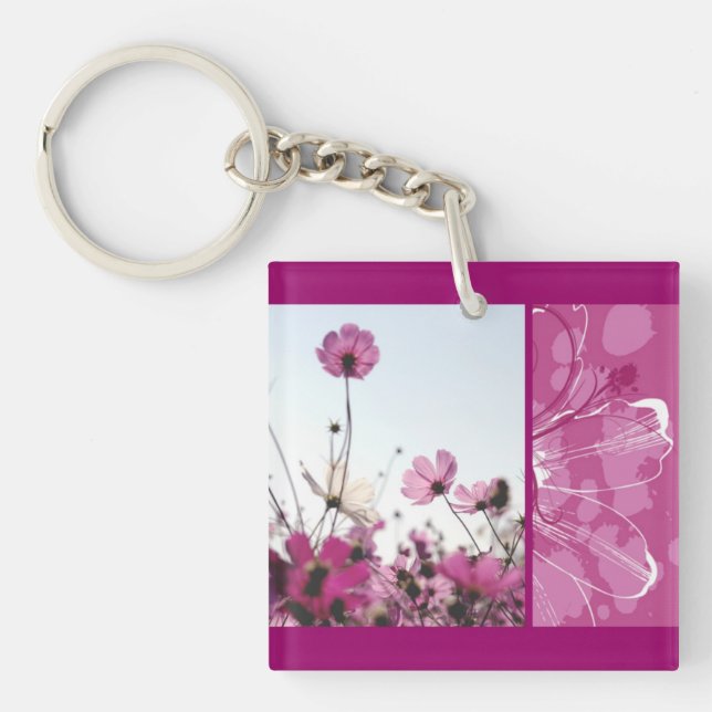 Pink flowers floral nature designer beautiful key ring (Front)