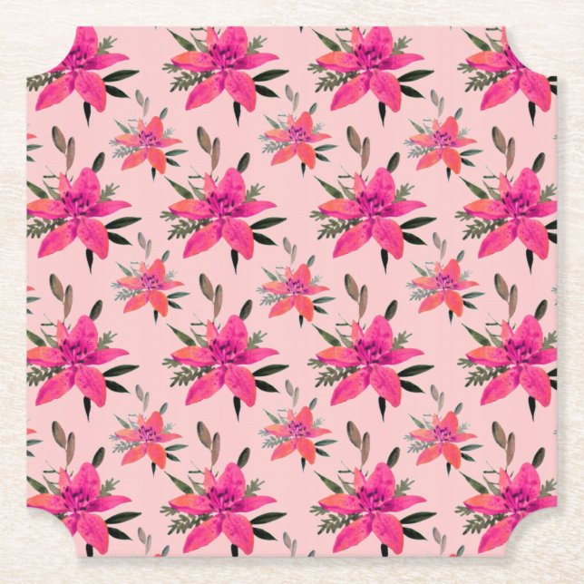 Pink Flowers Floral Pattern Design Paper Coaster (Front)