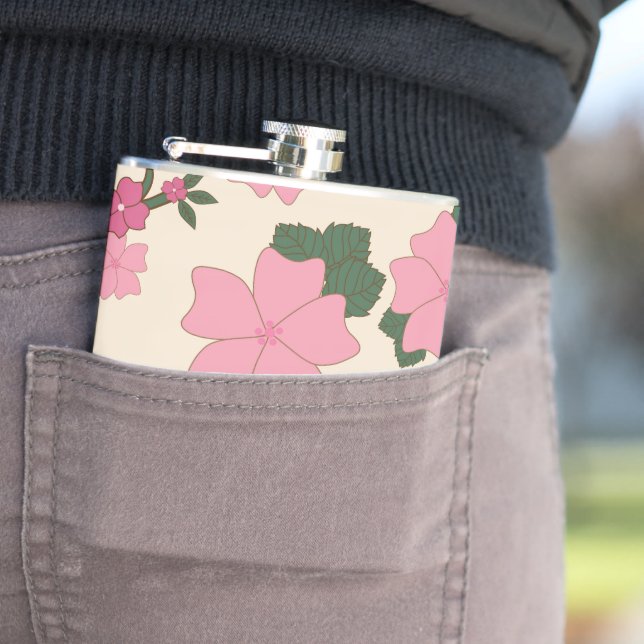 Pink Flowers, Floral Pattern, Pattern Of Flowers Hip Flask (In Situ)