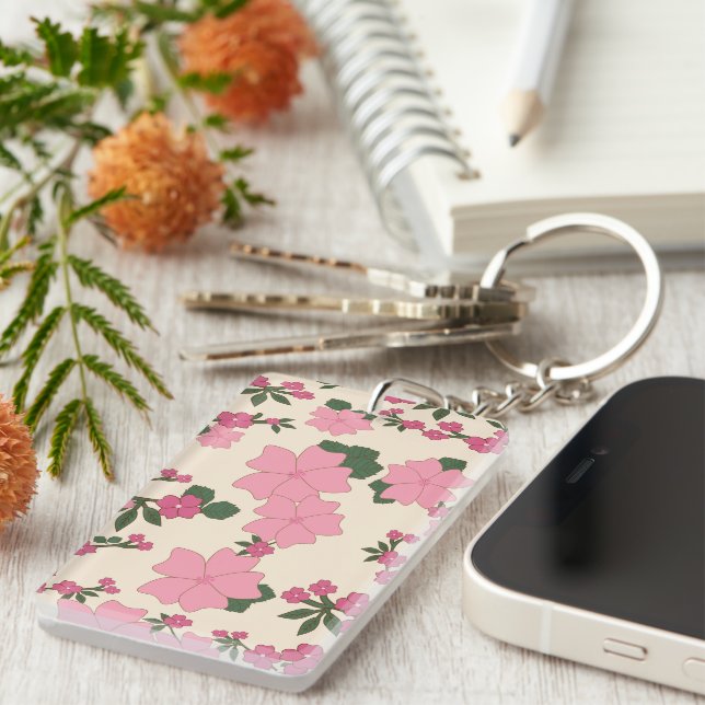 Pink Flowers, Floral Pattern, Pattern Of Flowers Key Ring (Front Right)