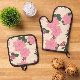 Pink Flowers, Floral Pattern, Pattern Of Flowers Oven Mitt & Pot Holder Set