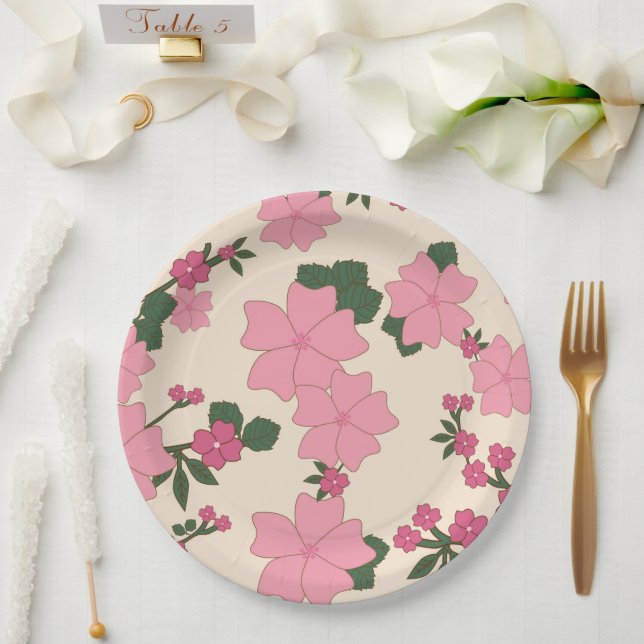 Pink Flowers, Floral Pattern, Pattern Of Flowers Paper Plate (Wedding)