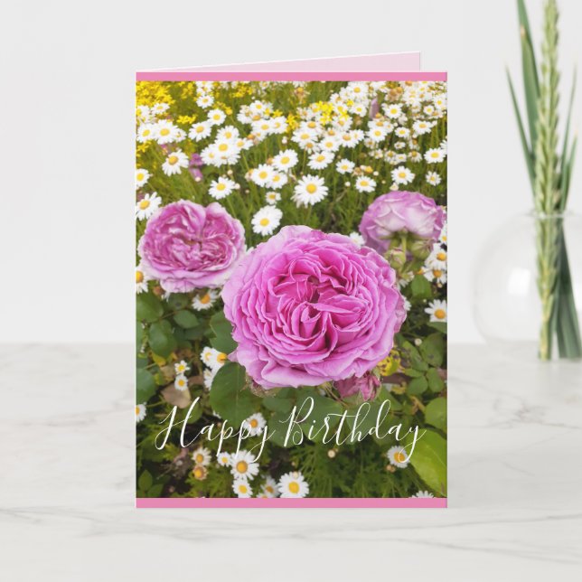 Pink Flowers Floral Rose Roses Daisy Birthday Card (Front)