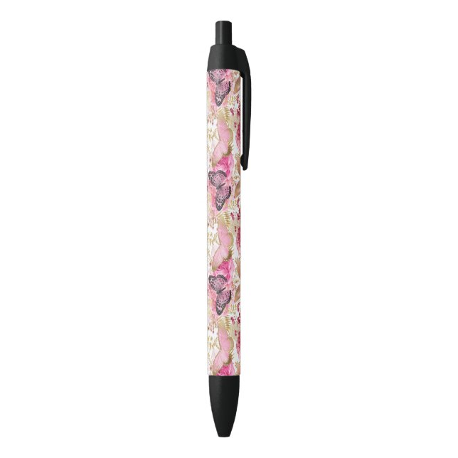 Pink Flowers Flying Butterfly Golden Accents Black Ink Pen (Bottom (Vertical))