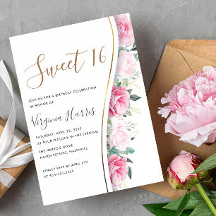 Pink Flowers Foliage Sweet Sixteen 16 Birthday Invitation