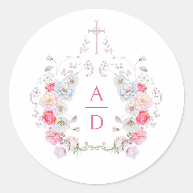 Pink Flowers Frame Religious Wedding Monograms Classic Round Sticker (Front)
