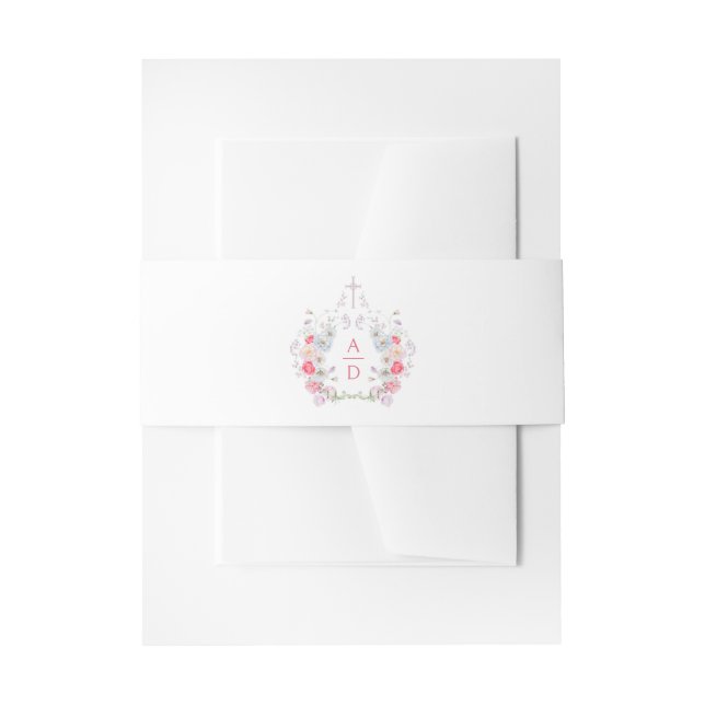 Pink Flowers Frame Religious Wedding Monograms Invitation Belly Band (Front Example)