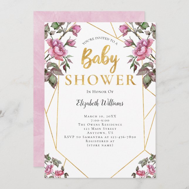 Pink Flowers Geometric Frame Baby Shower Invitation (Front/Back)