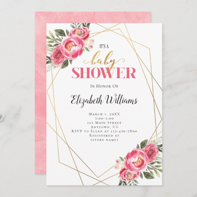 Pink Flowers Geometric Frame Baby Shower Invitation (Front/Back)