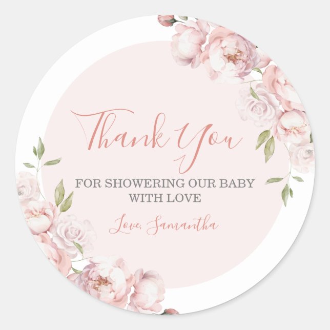 Pink Flowers Girl Baby In Bloom Thank You Classic Round Sticker (Front)