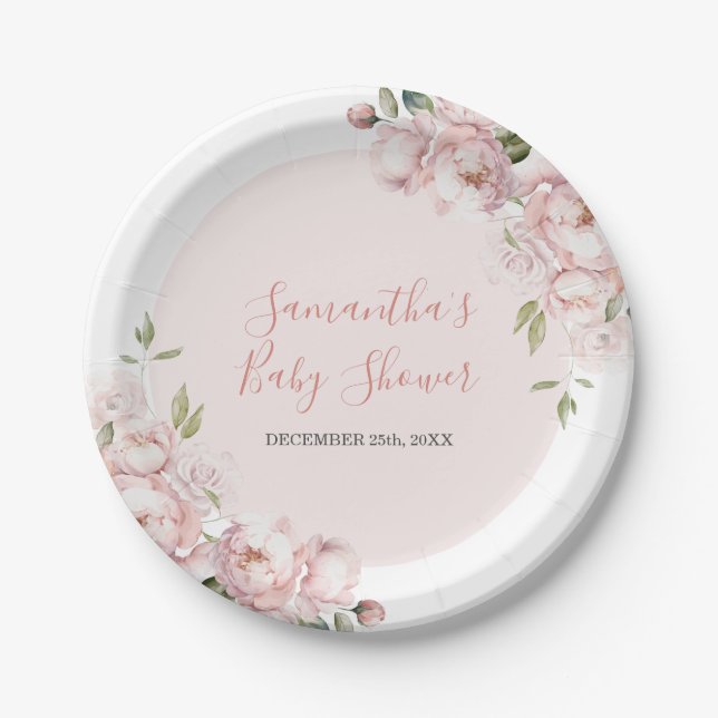Pink Flowers Girl Baby Shower Baby in Bloom Paper Plate (Front)