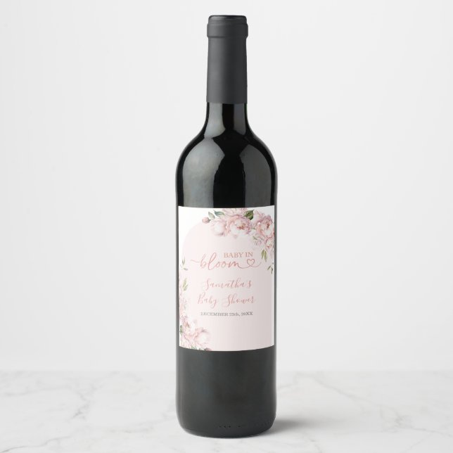 Pink Flowers Girl Baby Shower Baby In Bloom Wine Label (Front)