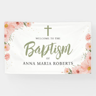 Pink Flowers Girl Baptism Green Welcome Banner