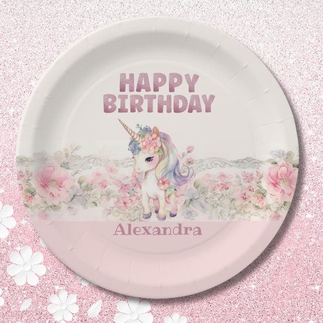 Pink Flowers Girl Cute Unicorn Birthday Paper Plate (Creator Uploaded)